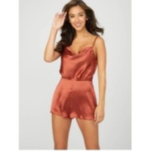 Guess Cowl Neck Burnt Orange Shiny Satin Sexy Shorts Playsuit Romper - Picture 1 of 9